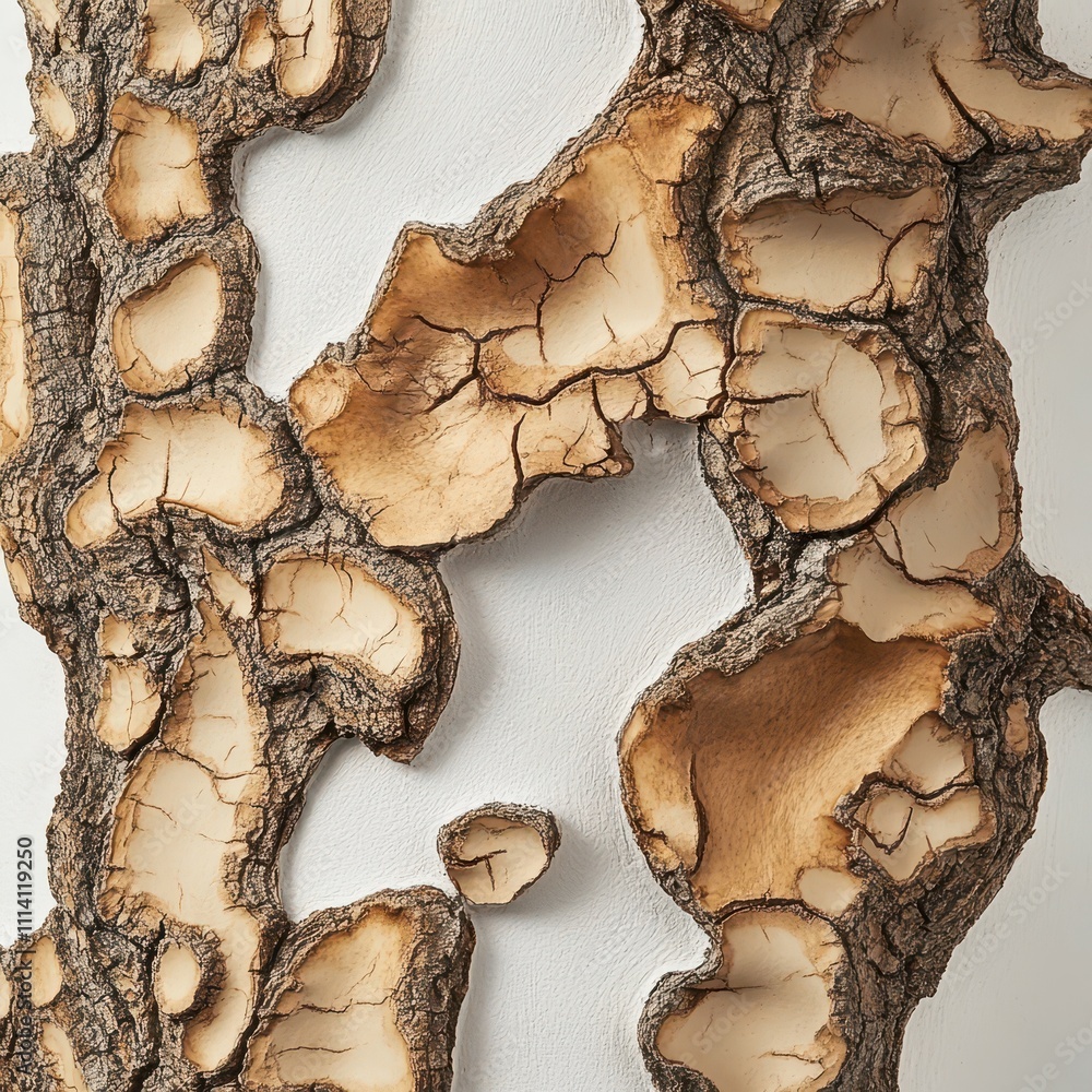 Poster detailed tree bark features intricate patterns and rich tones, elegantly displayed against a pure wh