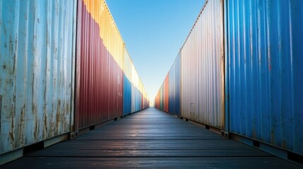 High-angle shot of shipping lanes between container stacks, symmetrical lines creating visual depth, [cargo containers], [logistics efficiency]