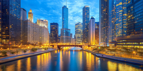 Fototapeta premium A bustling cityscape at night, with towering skyscrapers glowing brightly, a river reflecting the lights, and the energy of a metropolis alive with activity. The dynamic and modern scene feels