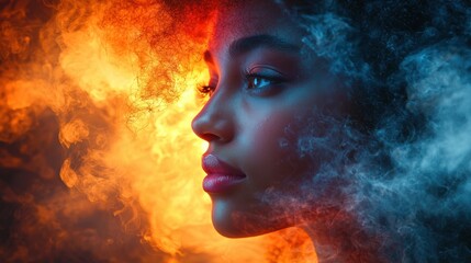 Portrait of a young woman with an afro hairstyle enveloped in vibrant swirls of fire and smoke, symbolizing strength, passion, and resilience with a dramatic artistic flair.