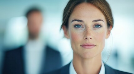 Fototapeta premium Confident woman in business attire with soft focus background.