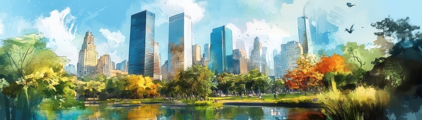 Obraz premium Skyscrapers viewed from a park, blending nature and urban life, watercolor style