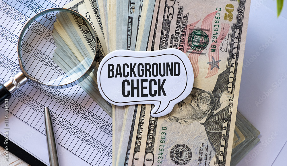 Poster background check text on paper notebook with chart and keyboard