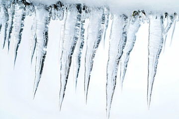 Frozen icicles, each one uniquely shaped, sparkle with intricate details, set against a white canvas to highlight the chilly elegance of winter.