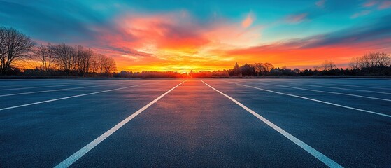 Fototapeta premium Stunning sunset over an empty parking lot with vibrant colors.