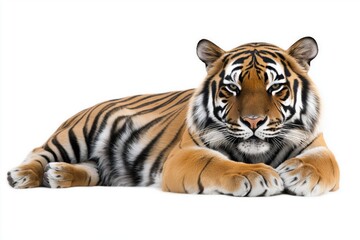 Obraz premium Studio photo of a tiger isolated against a white background. Wildlife and conservation concept, space for copy.