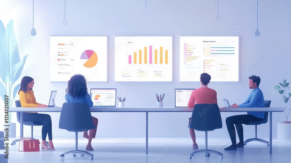 Poster collaborative work session in a modern office with professionals analyzing data charts
