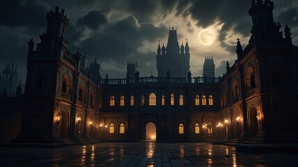 Fototapeta premium Ancient Stone Courtyard with Gothic Architecture, Dark Sky V7