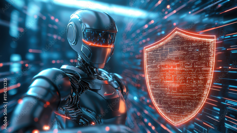 Poster futuristic robot with glowing shield in digital environment, showcasing advanced technology and secu