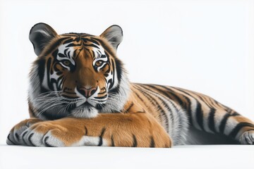 Studio photo of a tiger isolated against a white background. Wildlife and conservation concept, space for copy.