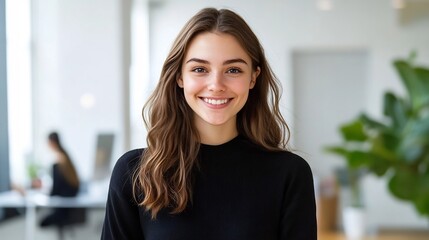 Obraz premium Smiling Young Woman in Bright Airy Workspace Symbolizing Modern Entrepreneurship