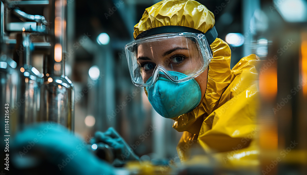 Poster worker in protective gear focuses on tasks in lab environment