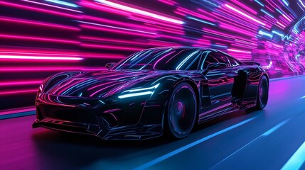 Obraz premium Futuristic Electric Sports Car Speeding on Neon-Lit Urban Highway at Night