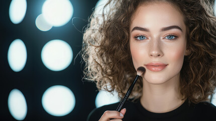 Obraz premium professional makeup artist applying makeup with brush on model face, showcasing beauty and artistry in studio setting