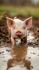 Curious piglet enjoying a muddy adventure on a farm