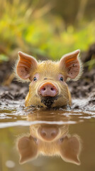 Playful piglet enjoying a mud puddle in a sunny pasture