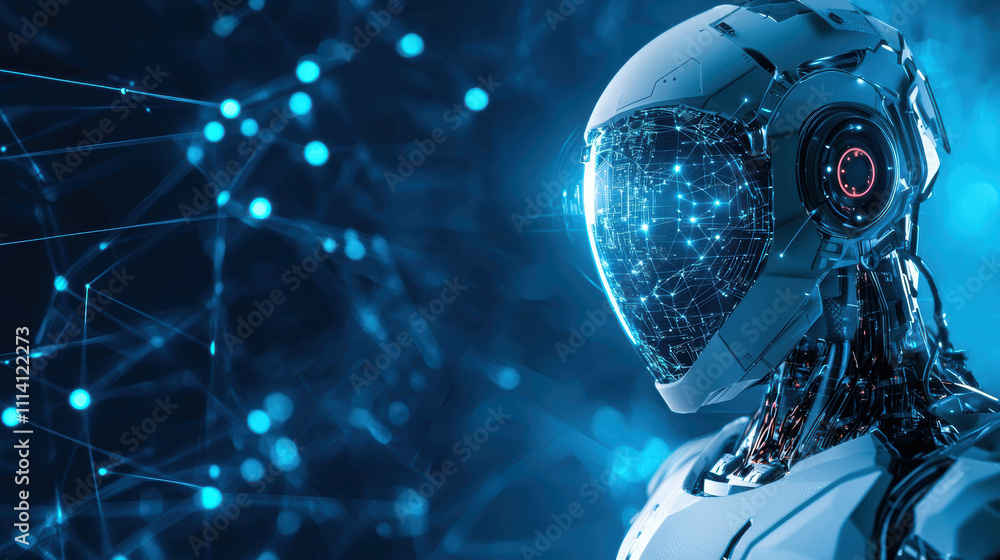 Poster Futuristic robot with luminous shield and intricate circuitry design, showcasing advanced technology and innovation