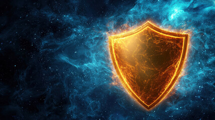 Fototapeta premium radiant shield glows against cosmic background, symbolizing protection and strength. vibrant colors create futuristic and powerful atmosphere