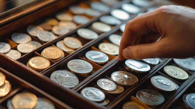 Vintage Coin Collection in Wooden Display Box