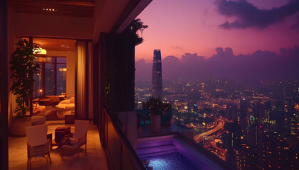 Luxurious penthouse apartment with private infinity pool offering breathtaking panoramic city skyline views at sunset.