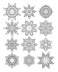 Several geometric vector snowflakes, isolated black lines on white background