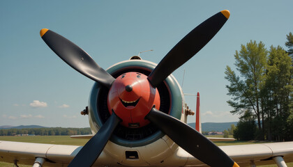Vintage airplane with a cheerful propeller face ready for takeoff in a sunny landscape surrounded by trees