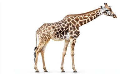 Naklejka premium Giraffe Isolated. Full-Body Portrait of a Giraffe Standing on a White Background, Highlighting Its Unique Coat Pattern and Long Neck, Image Made Using Generative AI