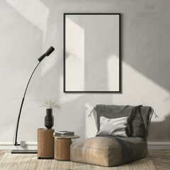 Elegant interior mockup displaying a cozy living room with a framed poster in ISO A paper size for stylish decor.