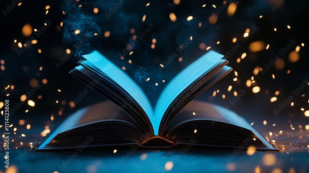 Poster open book with glowing pages symbolizing knowledge and imagination