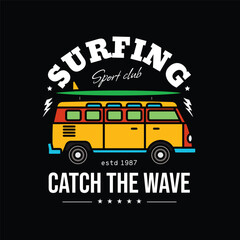 Surfing club emblem. Original vector illustration in vintage style. T-shirt design.
