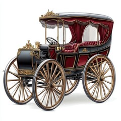 Fototapeta premium Front view illustration of a detailed and elegant classic horse-drawn carriage with intricate wheels, isolated on a white background.
