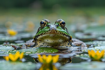 Obraz premium Frog Amidst Water Lilies in a Tranquil Pond