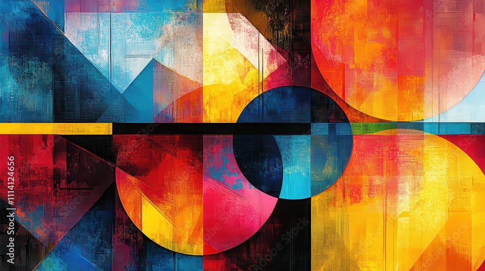 Aufkleber bold geometric abstract artwork with circles, triangles, and lines in vibrant colors and dynamic pat