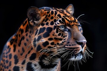 Obraz premium Majestic Leopard Portrait Against Dark Background for Wildlife and Nature Art