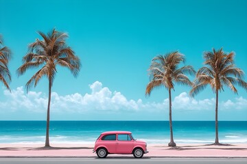 A car drives along the coast, with the sea and palm trees in the background, side perspective
