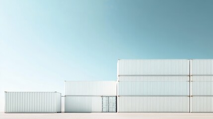 Obraz premium Minimalist view of stacked white cargo containers, clean lines and neutral tones, [cargo containers], [modern aesthetics]