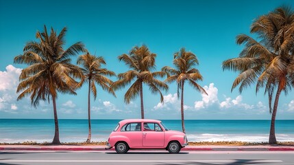 A car drives along the coast, with the sea and palm trees in the background, side perspective