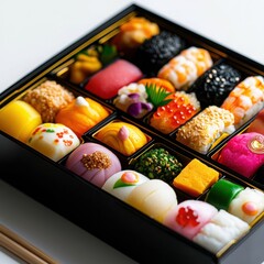 Colorful sushi platter with various types of sushi on a black background.