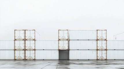 Fototapeta premium Minimalist view of stacked white cargo containers, clean lines and neutral tones, [cargo containers], [modern aesthetics]