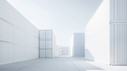 Minimalist view of stacked white cargo containers, clean lines and neutral tones, [cargo containers], [modern aesthetics]