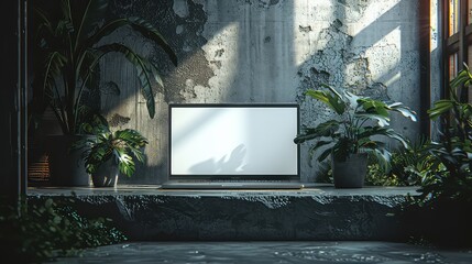 An elegantly designed home office with a desk, laptop, and a large monitor, isolated screen, in a bright, modern interior.