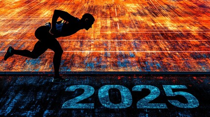 A silhouette of a runner poised to start on a track with "2025" written in bold near the finish line