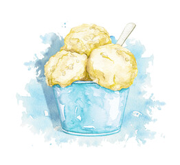 Blue ice cream in yellow cup with spoon isolated on blue stain background. Watercolor hand drawn illustration