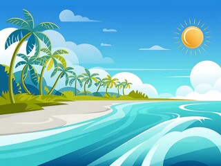 Fototapeta premium Tropical Beach Scene With Palm Trees And Ocean Waves