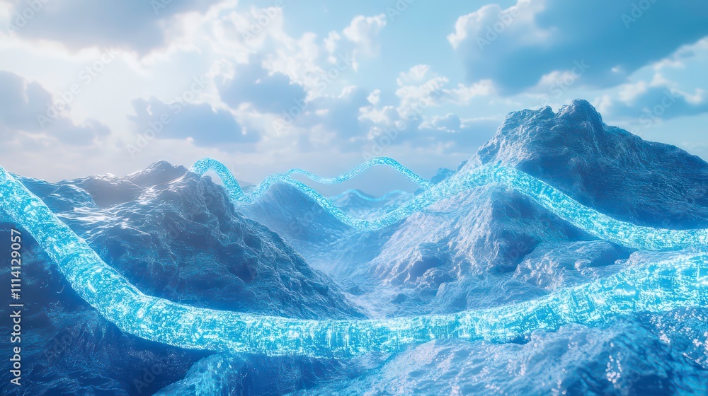 Poster A 3D visual of a blockchain chain expanding infinitely across a digital landscape.