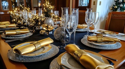 Silver placemats, golden napkin rings, and a New Year's theme black runner