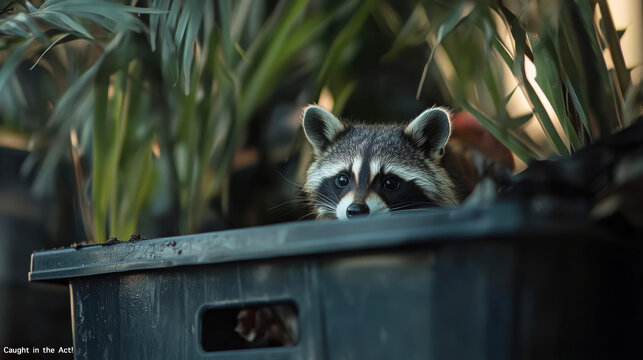 Curious raccoon peeking out of a trash can in the urban jungle