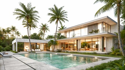 Fototapeta premium Exterior of amazing modern minimalist villa with large swimming pool among palm trees