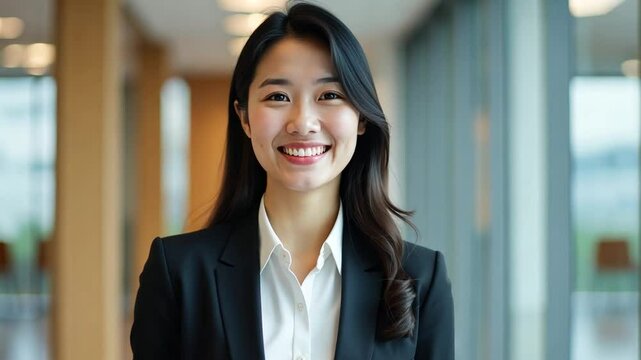 A young Asian office worker woman is looking at the camera and smiling
