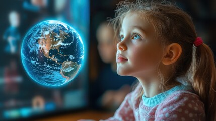 Naklejka premium Student Attending Virtual Classroom with Globe Hologram Symbolizing Global Reach of Distance Learning